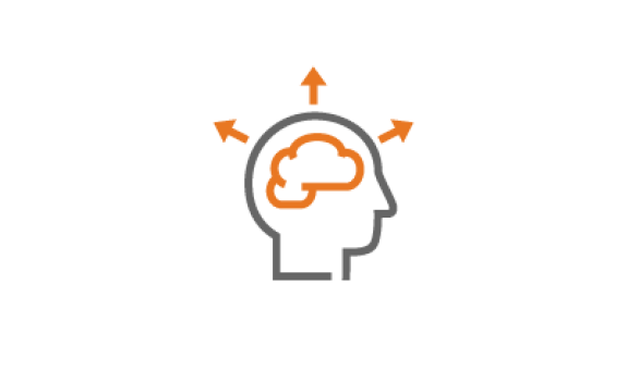 Image of a head with a brain inside and arrows pointing out to signify innovation
